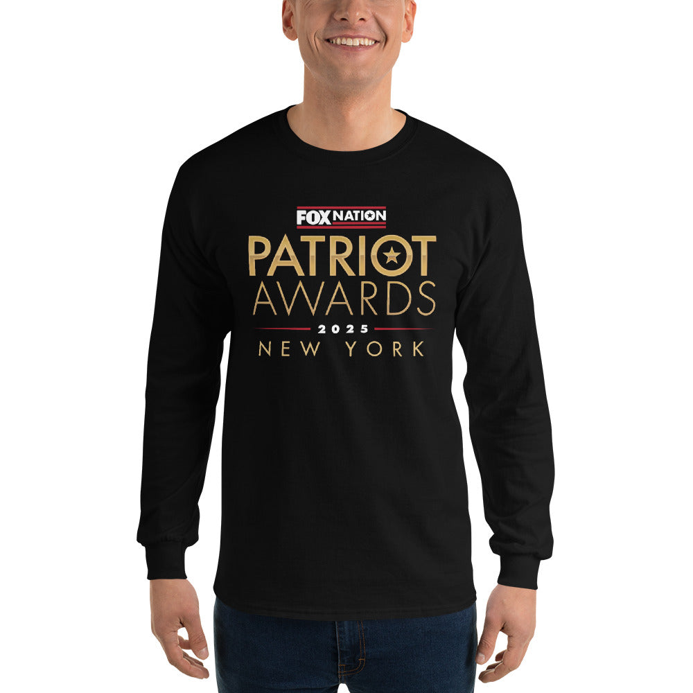 Close-up of the crisp *FOX Nation* logo and Patriot Awards 2025 graphic on the chest of the long sleeve shirt.
