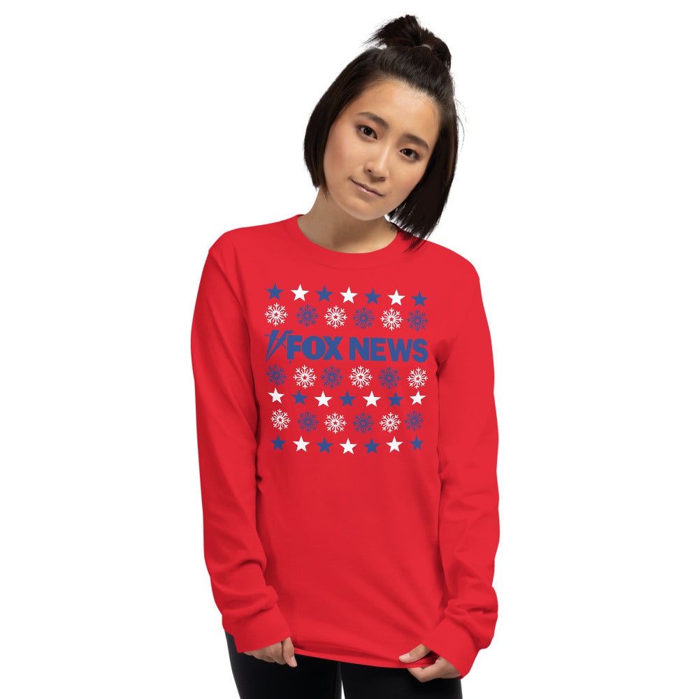 The *FOX News* Holiday Snowflakes Long Sleeve Shirt displayed flat against a clean, neutral background showing the full graphic design.