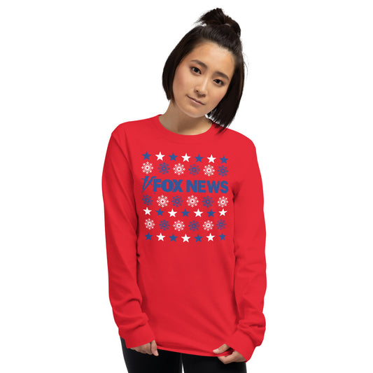 A person wearing the red *FOX News* Holiday Snowflakes Long Sleeve Shirt in a cozy American living room during the Christmas season.-3