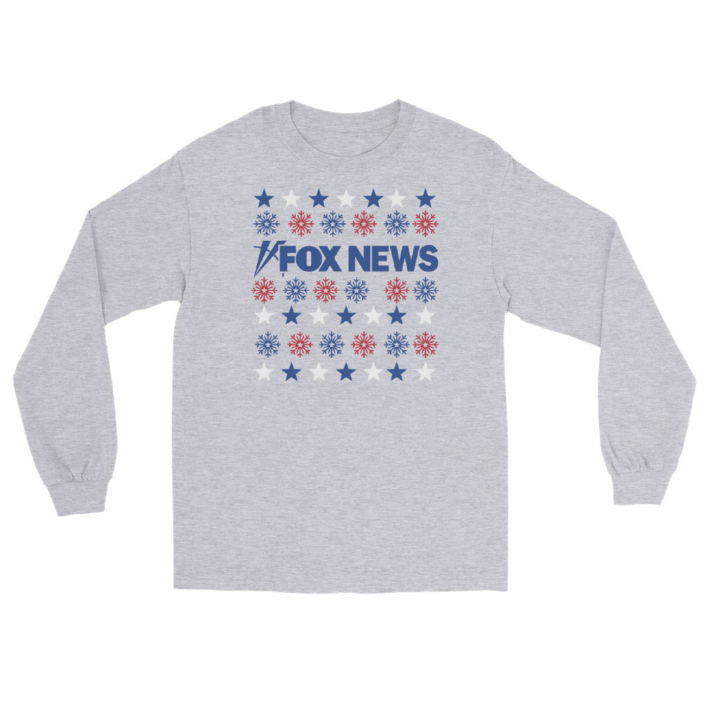 A close-up of the crisp white snowflake design and *FOX News* logo on the front of a grey long sleeve t-shirt.