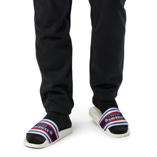 Detailed view of the *FOX News* *Proud American* graphics on the comfortable straps of these white patriotic men's slides.
