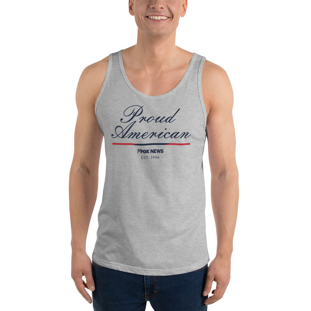 A unisex FOX News tank top displayed neatly in a bright, modern American home setting.