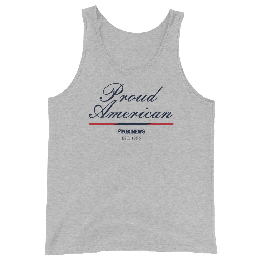 A patriot wearing the navy blue FOX News Proud American Tank Top in a clean, sunny American backyard setting.