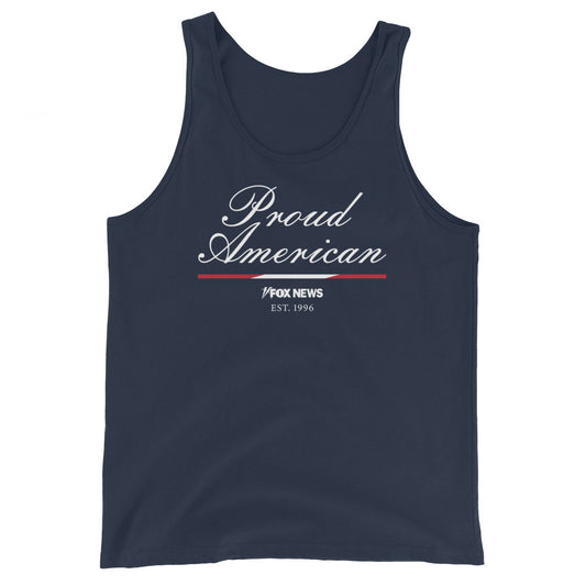 Close-up of the crisp FOX News logo and Proud American graphic on a heather grey sleeveless shirt.