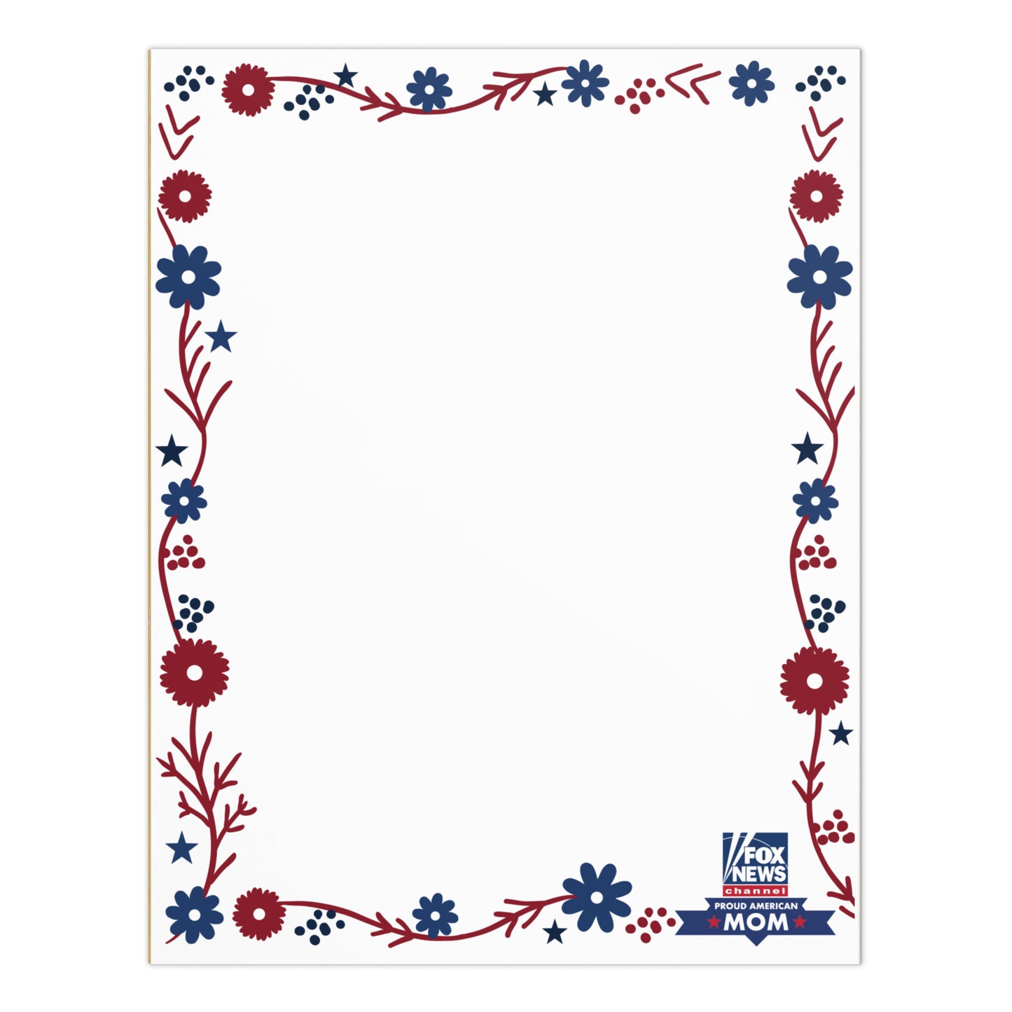 A FOX News Proud American Mom notepad featuring bold red and blue typography on clean white paper.