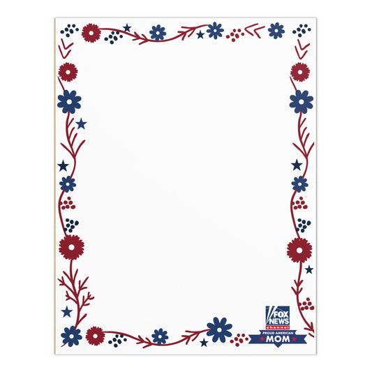 A FOX News Proud American Mom notepad featuring bold red and blue typography on clean white paper.