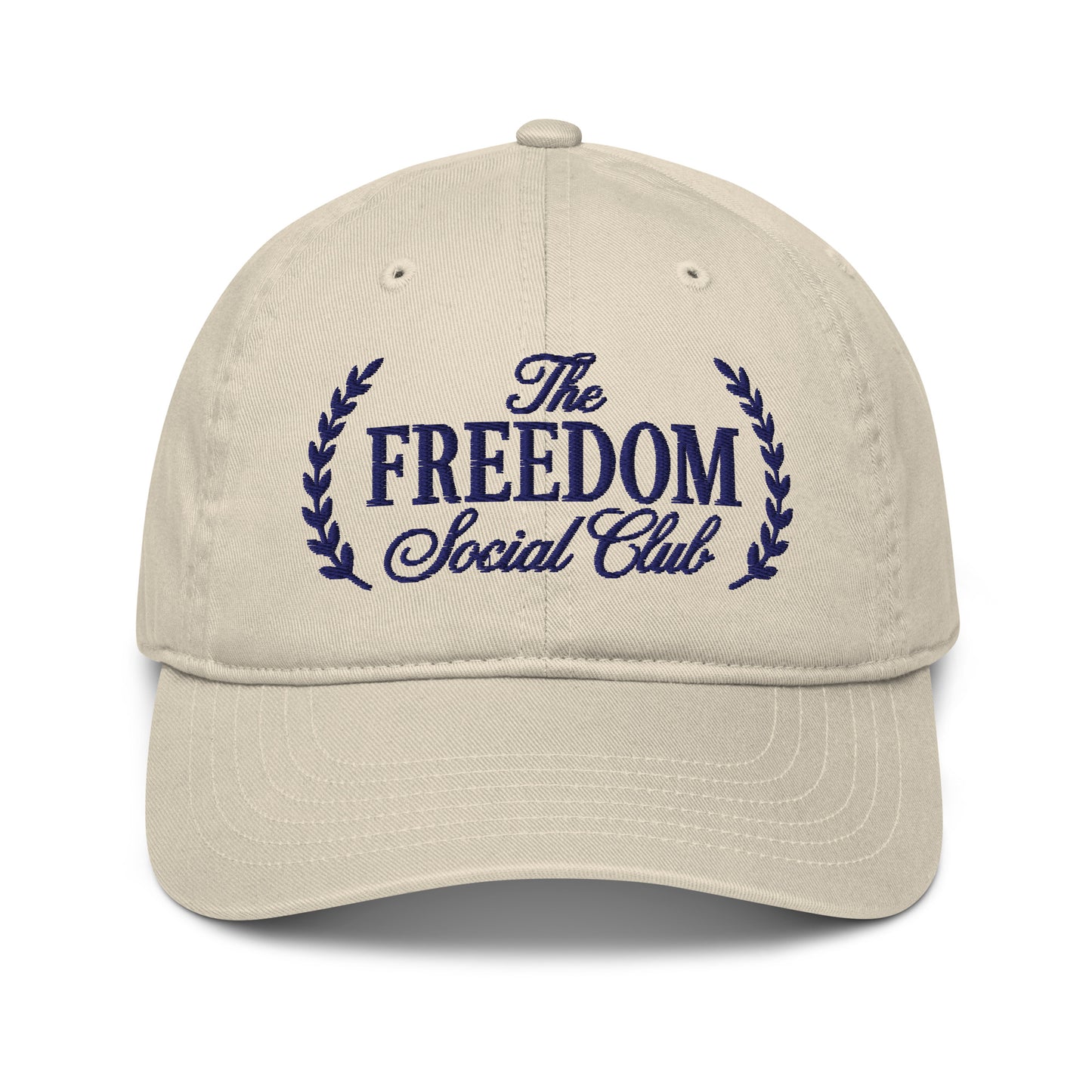 Front view of the FOX News navy baseball cap featuring embroidered The Freedom Social Club text on the crown