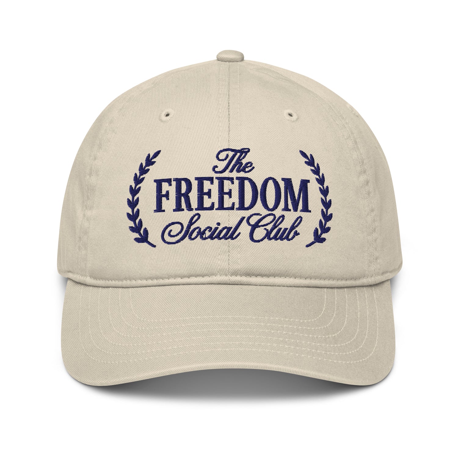Front view of the FOX News navy baseball cap featuring embroidered The Freedom Social Club text on the crown