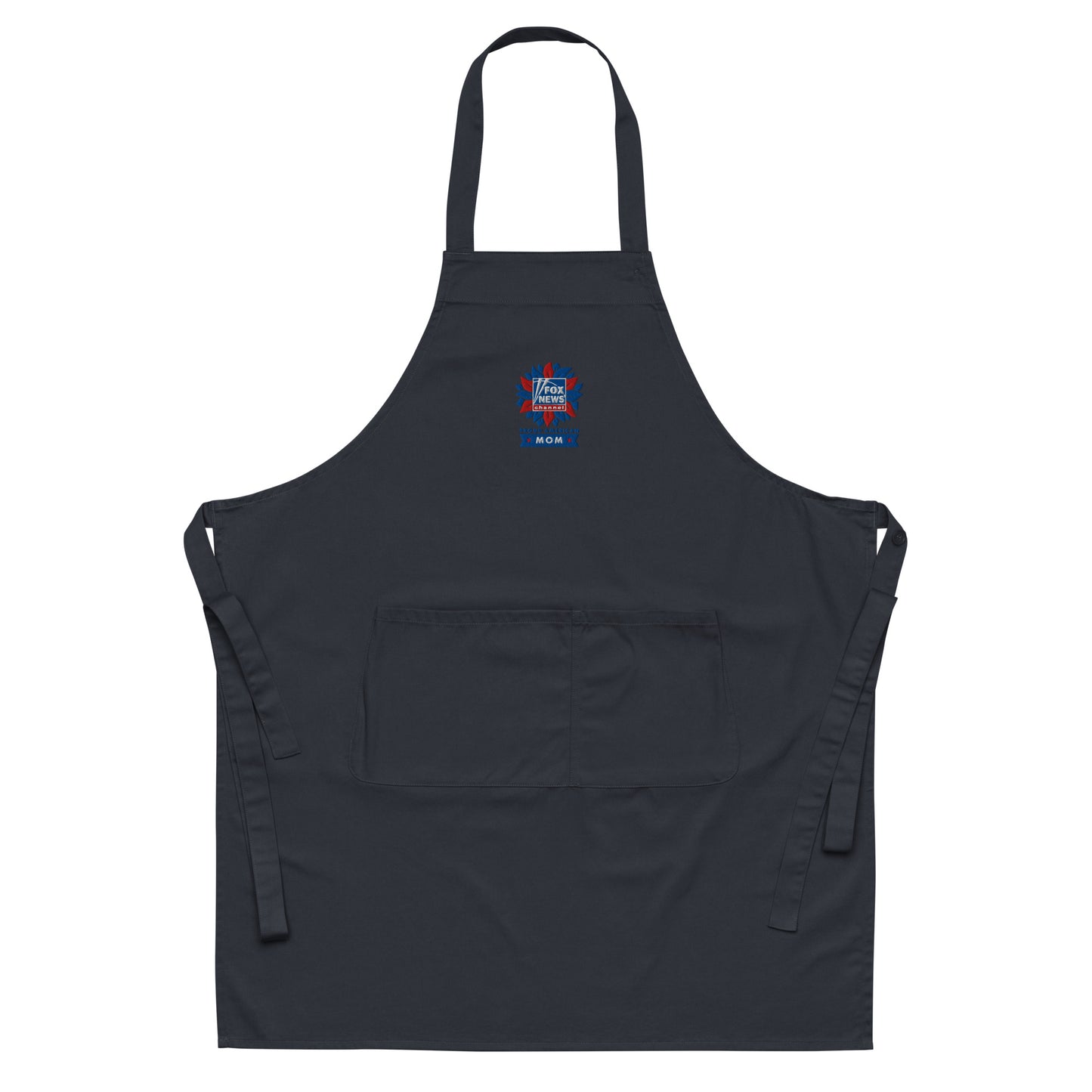 A modern American kitchen setting showcasing the navy FOX News Proud American Mom embroidered apron neatly displayed.