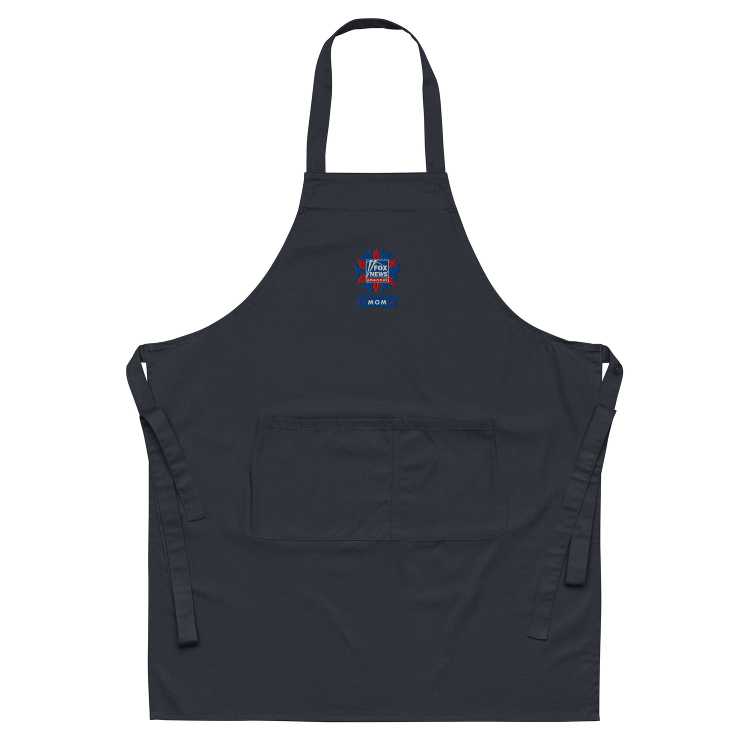 A modern American kitchen setting showcasing the navy FOX News Proud American Mom embroidered apron neatly displayed.