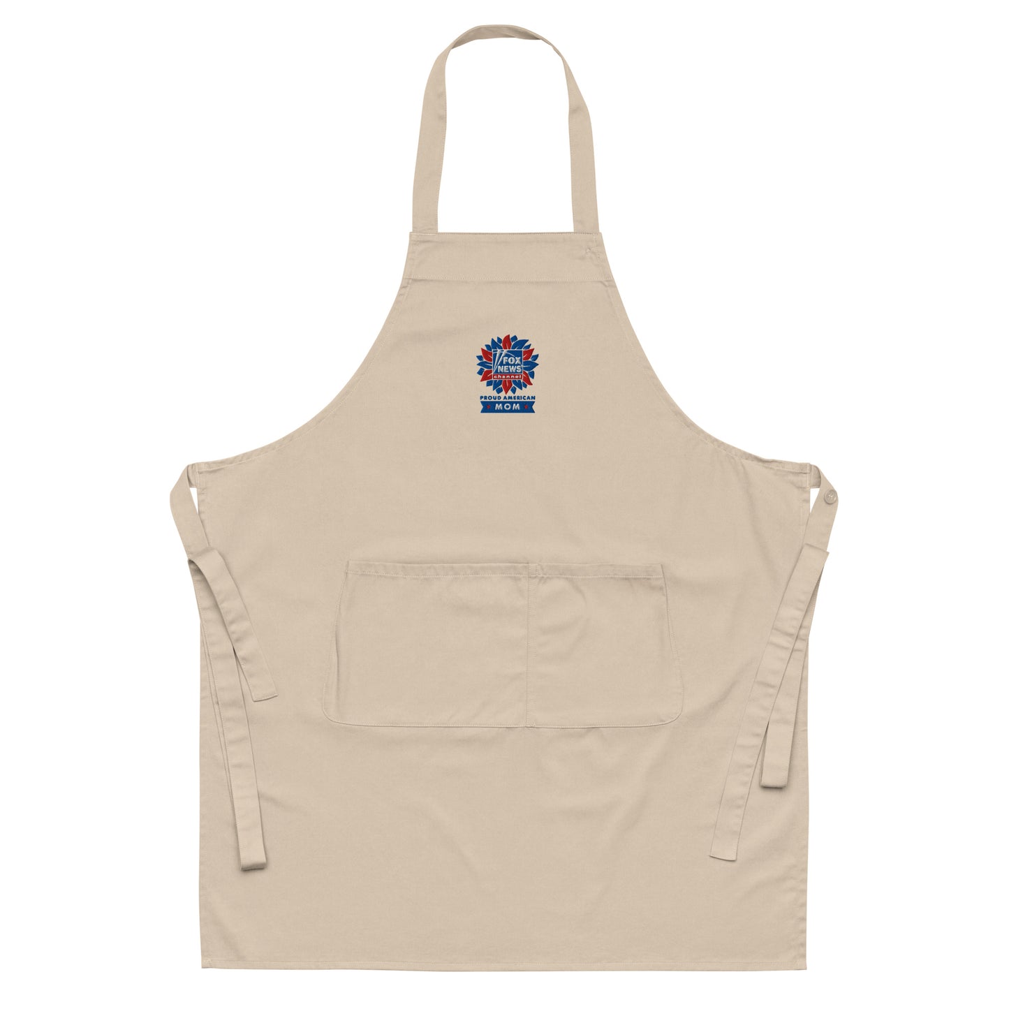 Close-up shot of the crisp embroidered Proud American Mom logo on the navy apron fabric.