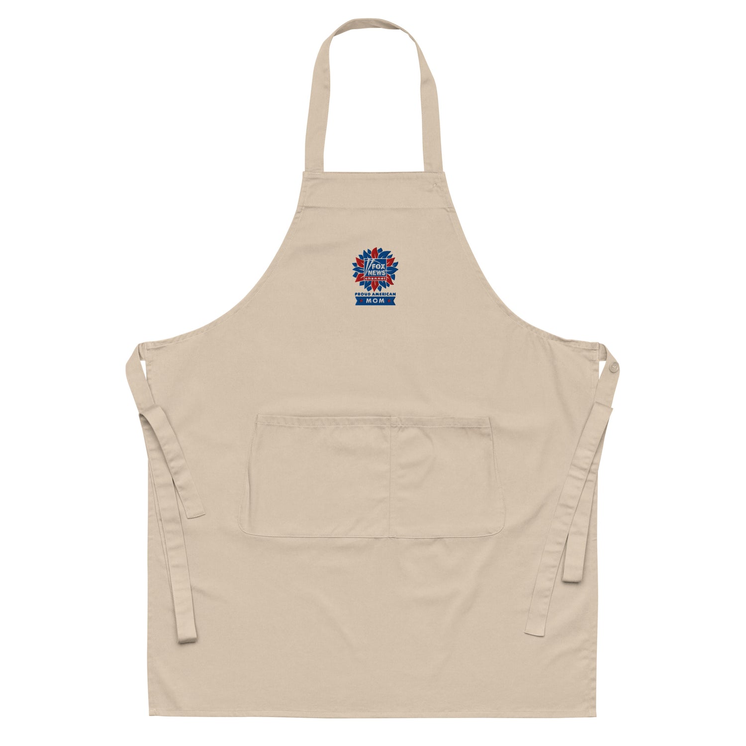 Close-up shot of the crisp embroidered Proud American Mom logo on the navy apron fabric.