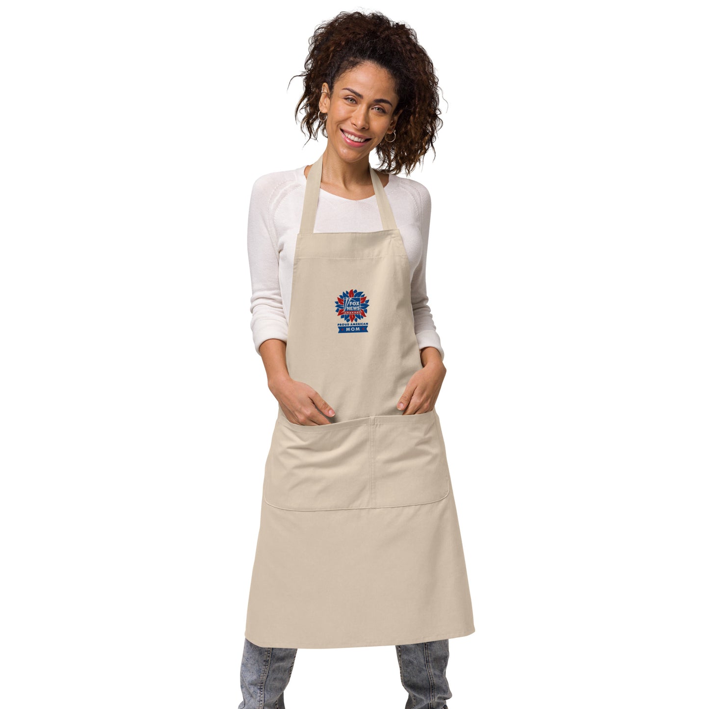 Front-facing view of the high-quality embroidery detail on the Proud American Mom apron.