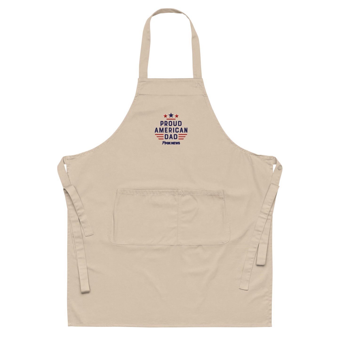 Close-up shot of the embroidered Proud American Dad logo on the FOX News apron