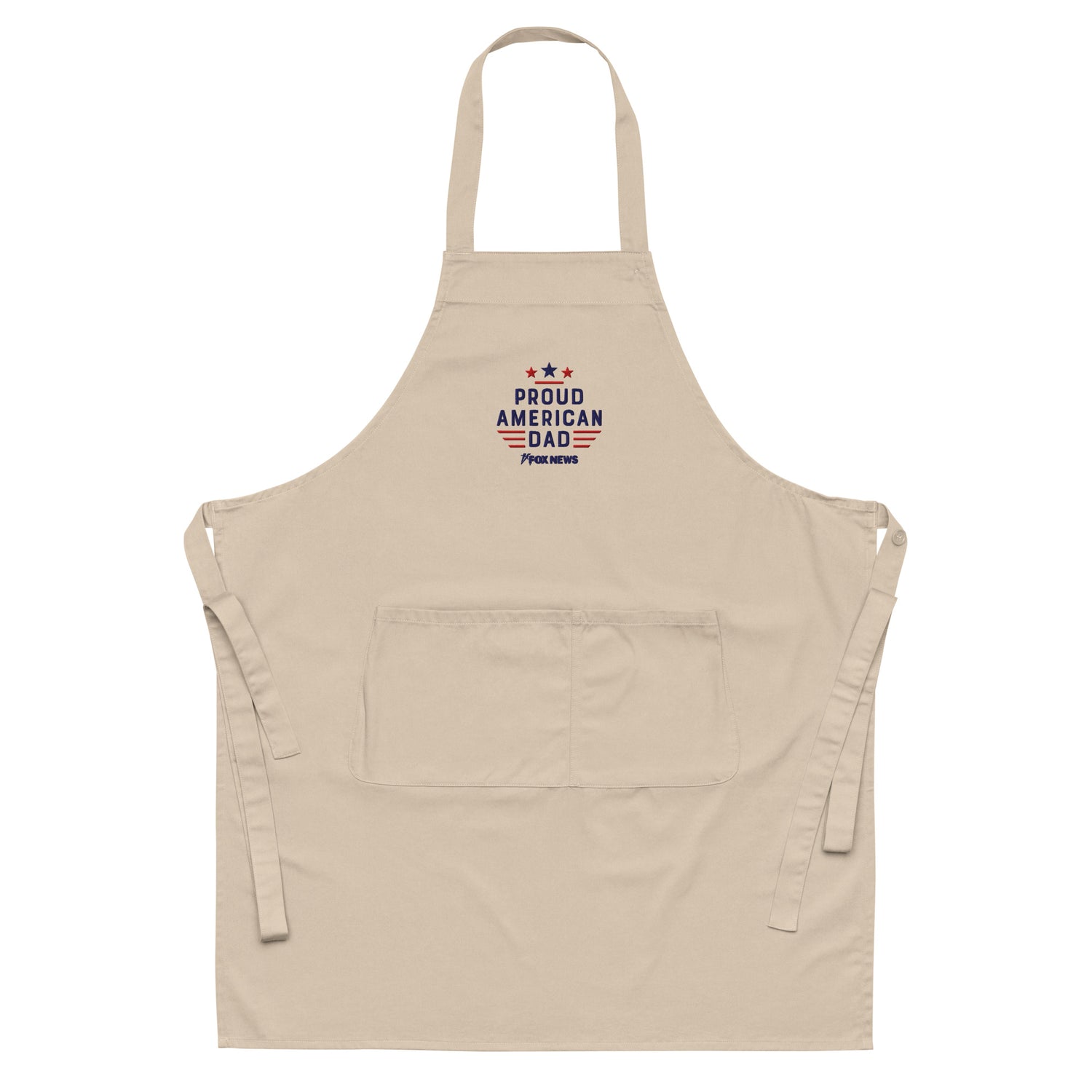 Close-up shot of the embroidered Proud American Dad logo on the FOX News apron