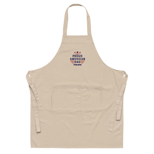 Close-up shot of the embroidered Proud American Dad logo on the FOX News apron