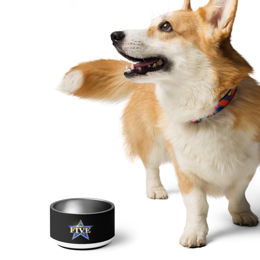 An 18 oz *The Five* pet bowl displayed on a clean wooden floor in a suburban home.