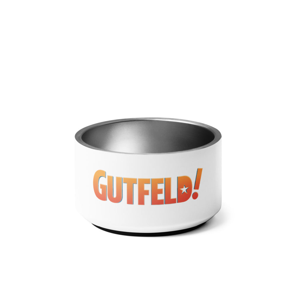 Close-up view of the durable *Gutfeld!* pet bowl on a clean kitchen floor surface.
