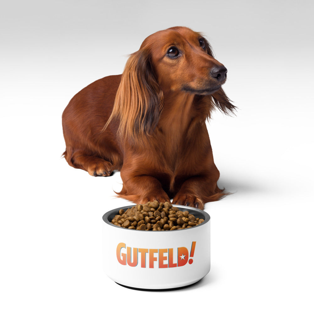 Detailed shot of the *Gutfeld!* logo printed clearly on the high-quality pet dish.