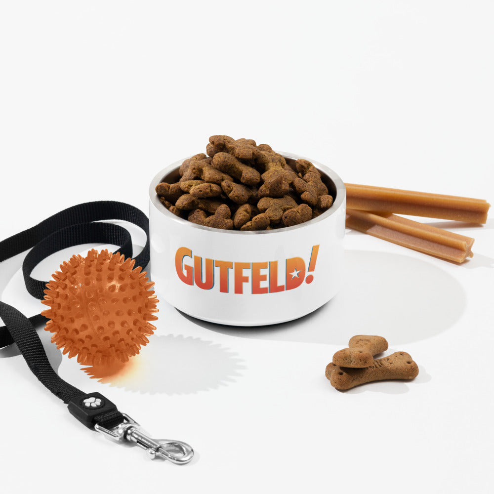 The *Gutfeld!* pet bowl shown in a bright suburban kitchen setting, highlighting its sturdy design.