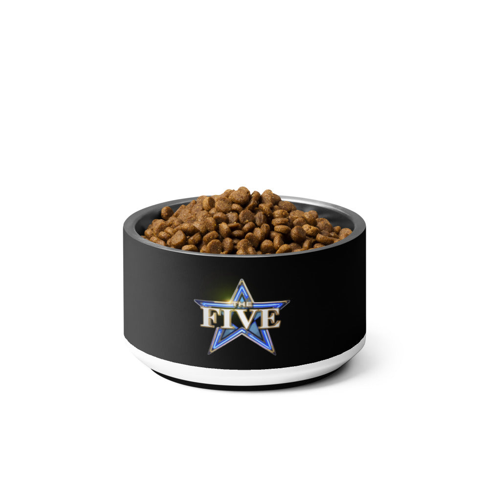 A modern American living room with a clean, polished pet feeding station featuring *The Five* pet bowl.