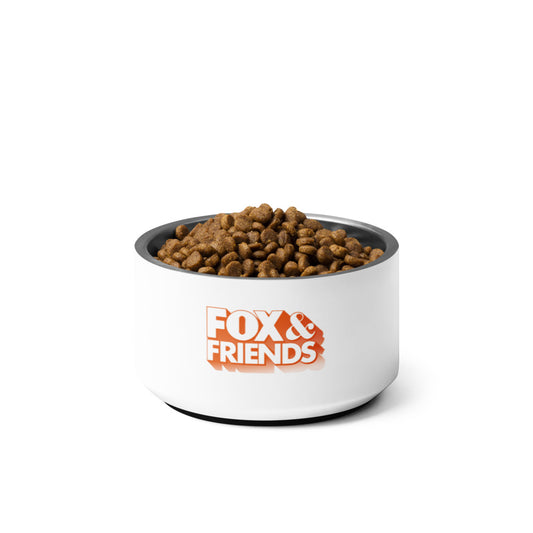 A clean American kitchen setting featuring the FOX & Friends pet bowl resting on a polished hardwood floor.