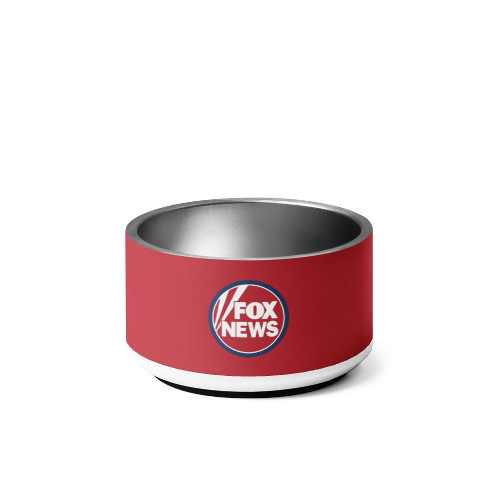 Close-up shot of the FOX News logo crisply displayed on the front of a durable pet feeding bowl.