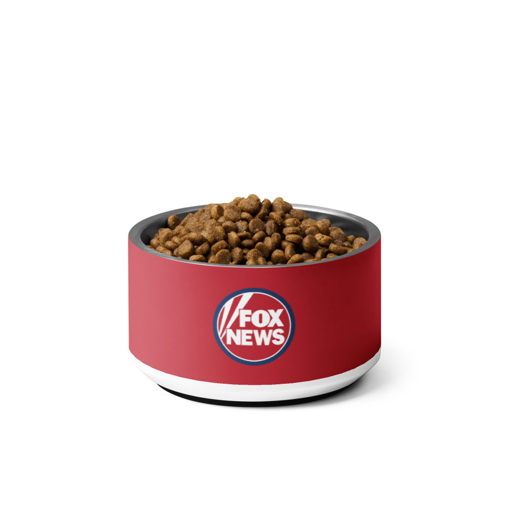 A modern American living room setting with a sleek FOX News pet bowl resting neatly on a clean floor.