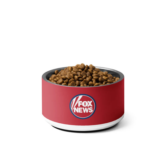 A modern American living room setting with a sleek FOX News pet bowl resting neatly on a clean floor.