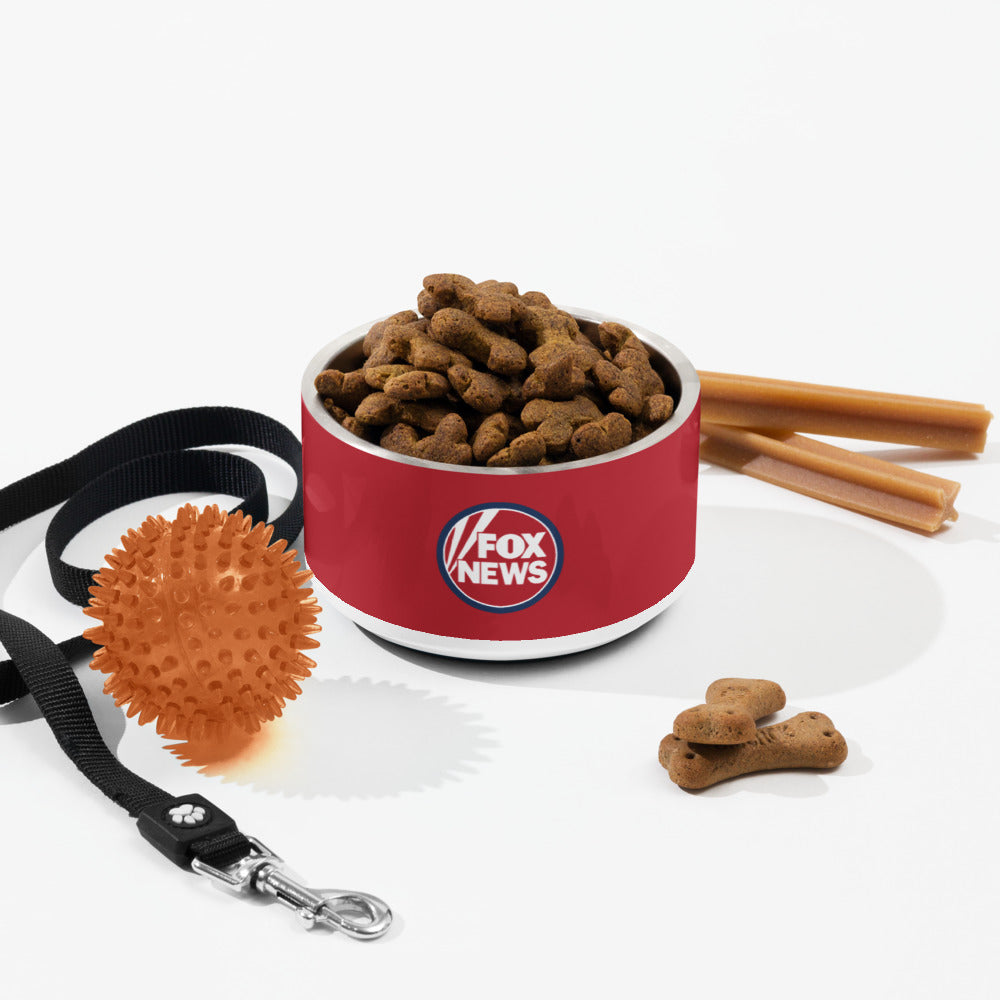 An outdoor backyard morning setting featuring the FOX News pet bowl filled with fresh water for a happy dog.