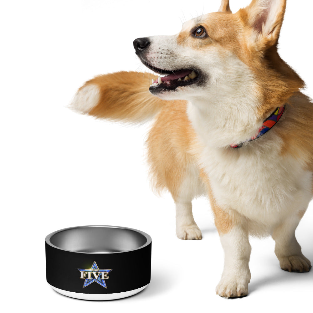 A clean lifestyle shot emphasizing the patriotic and proud aesthetic of *The Five* pet bowl.