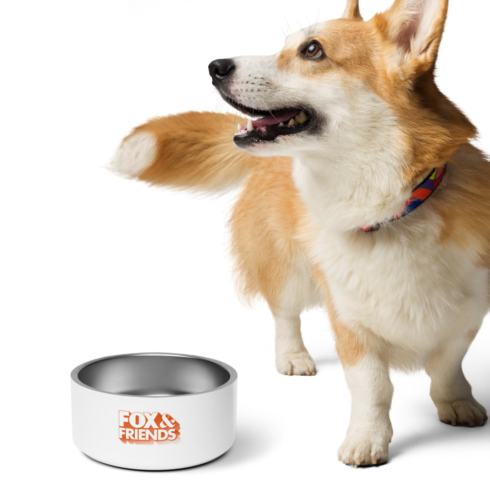 An outdoor patio setting with the FOX & Friends pet bowl placed neatly on a porch mat.
