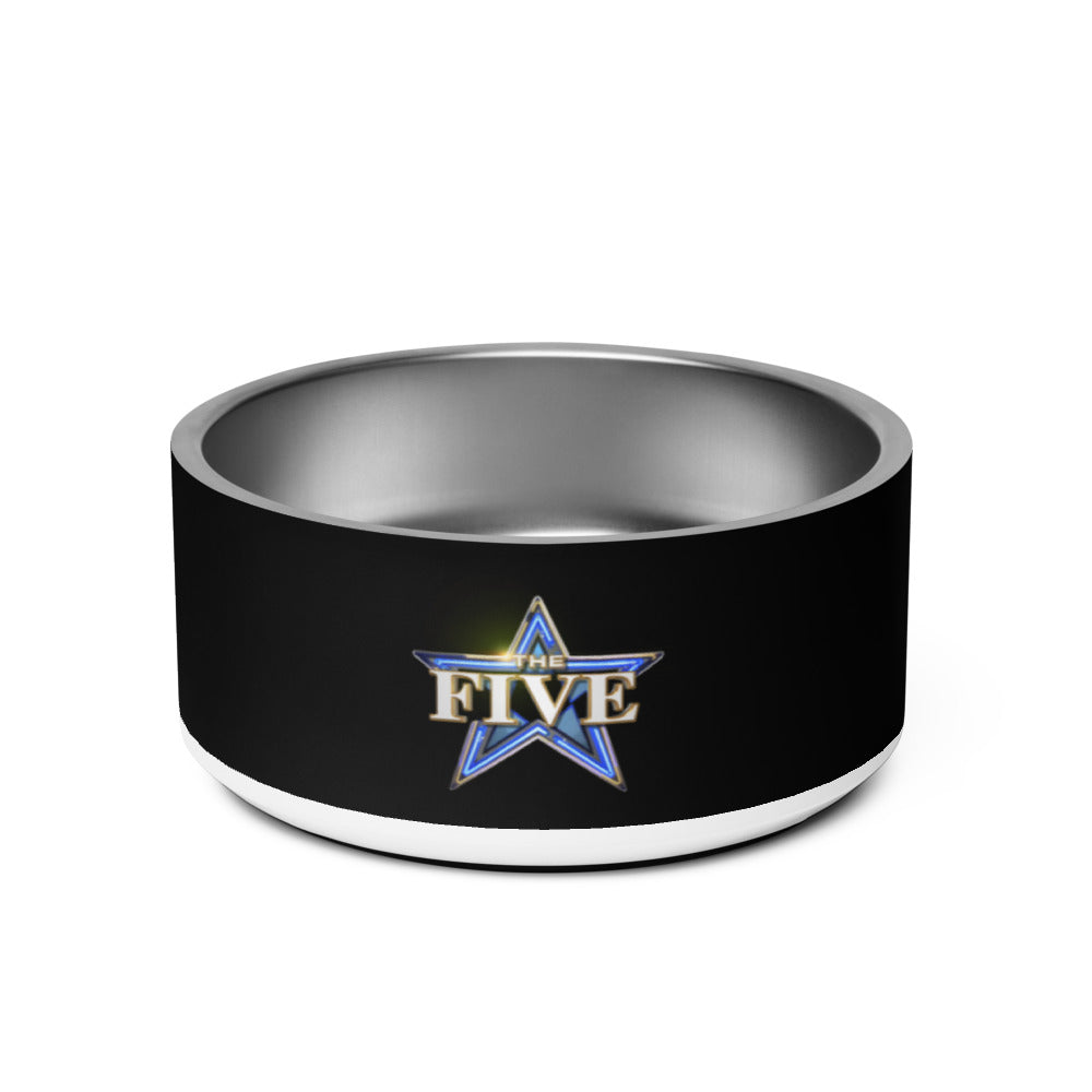 Studio product photography of *The Five* pet bowl showing its durable construction and clear branding.