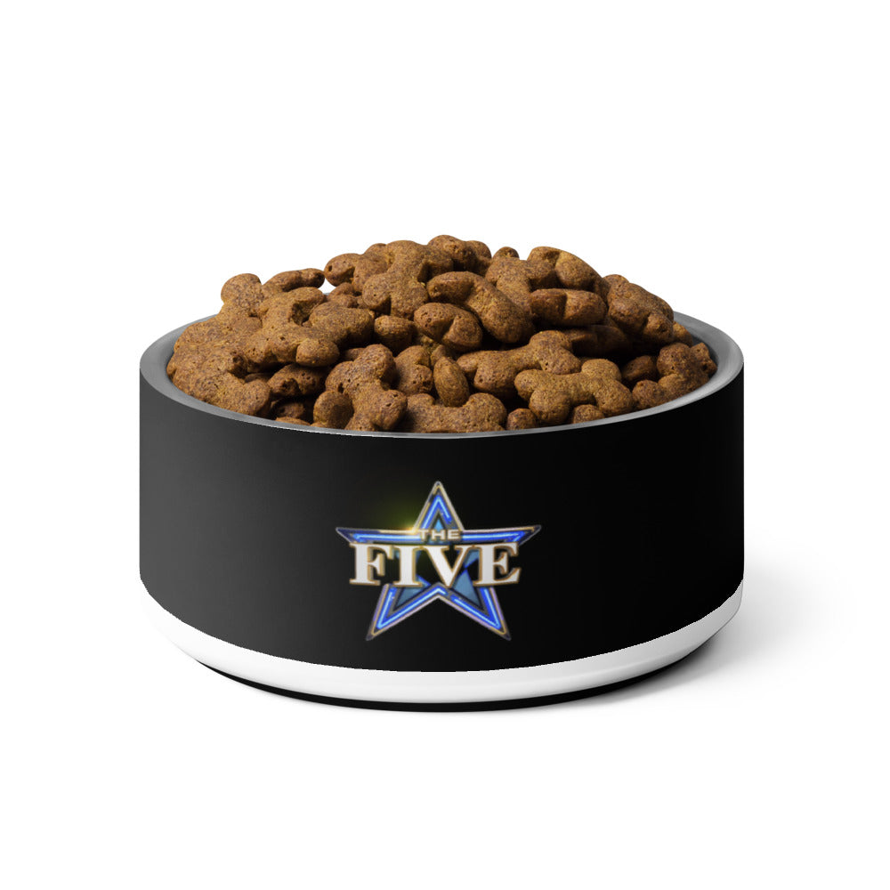 An everyday American household lifestyle shot showing a happy pet with *The Five* pet bowl.