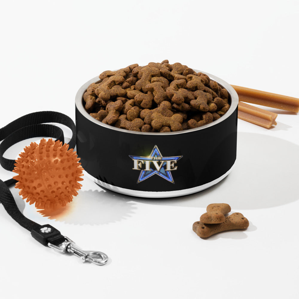A stylish pet feeding arrangement featuring *The Five* pet bowl in a comfortable home interior.