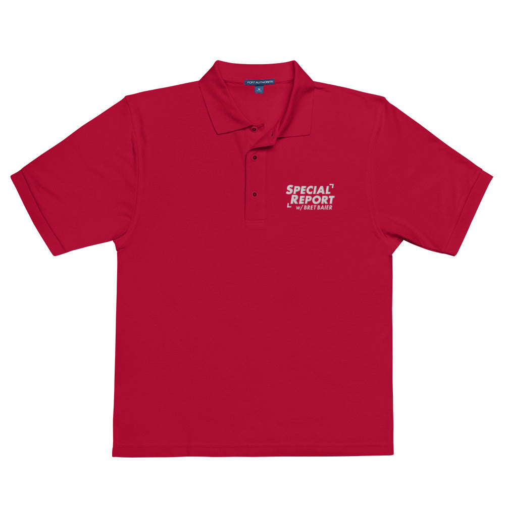 A male viewer wearing the Navy *FOX News* polo shirt while relaxing in a manicured suburban backyard setting.