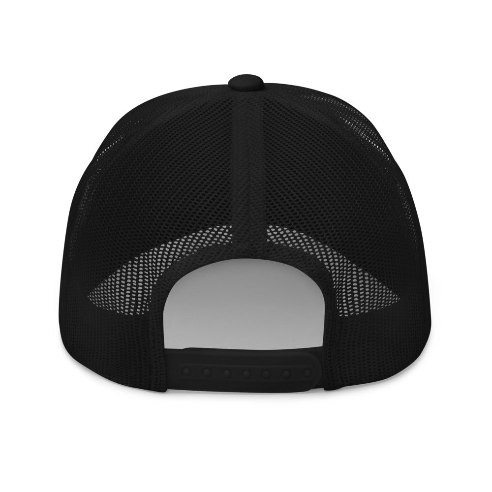 Side view of the navy and white FOX Nation hat highlighting the breathable mesh panels and sturdy stitching.
