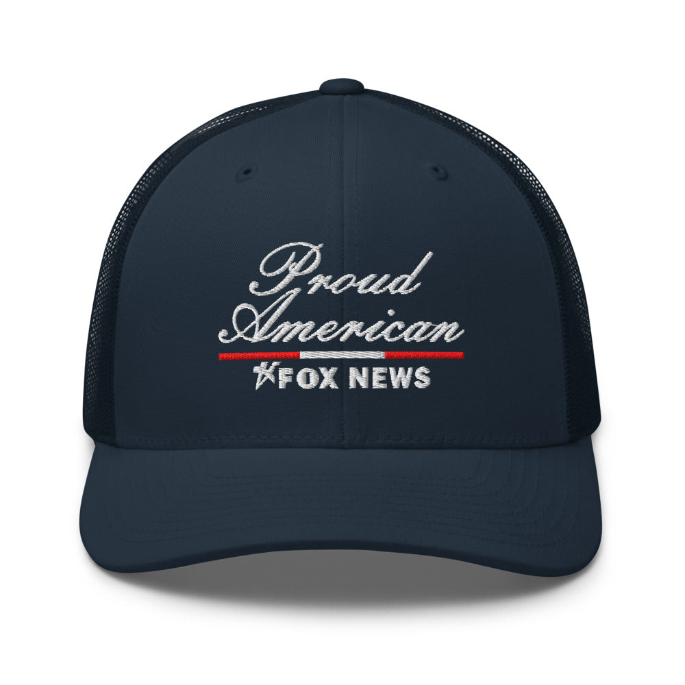 A Silver FOX News Proud American Trucker Hat featuring a crisp mesh back and adjustable snap closure.