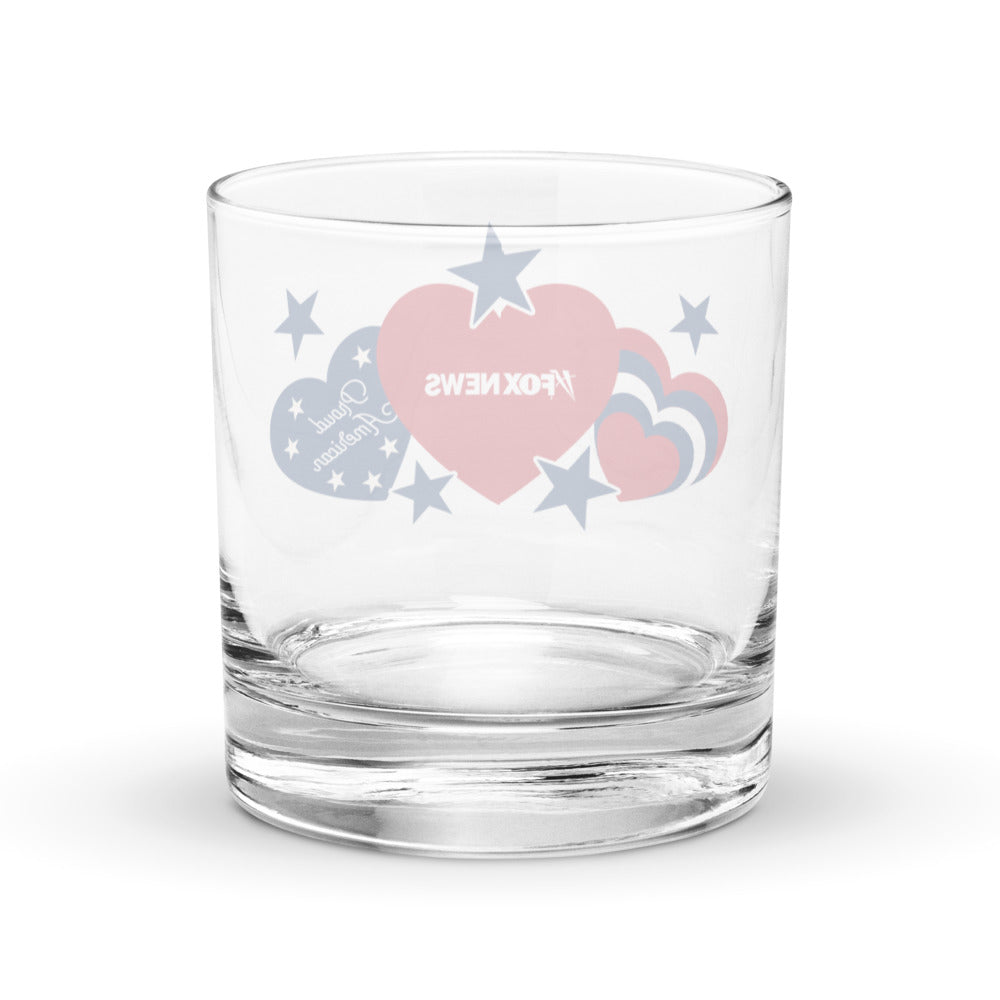 Close-up of the FOX News logo and hearts and stars graphic on a high-quality 10.5 oz whiskey glass.