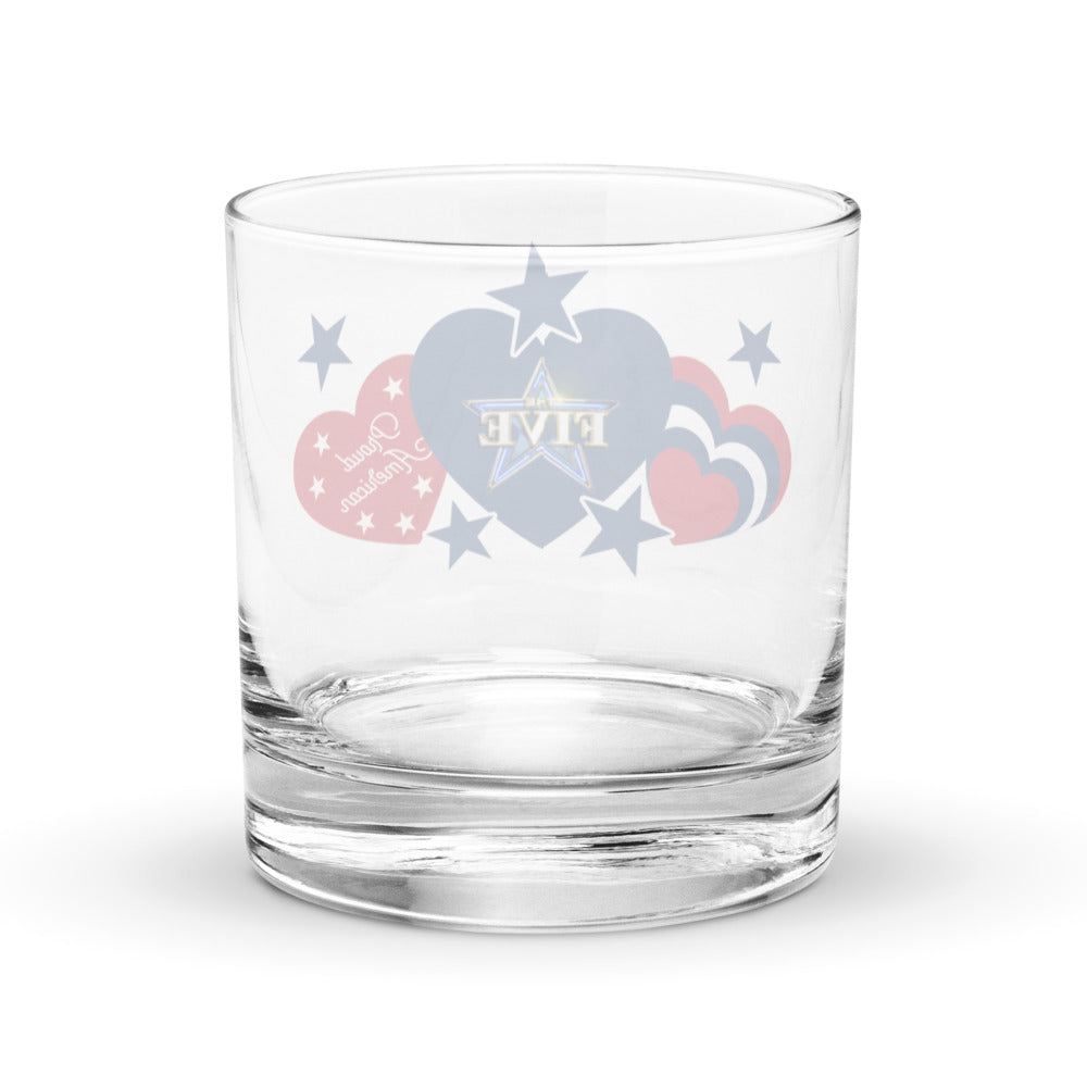 Close-up of the 10.5 oz rocks glass with the patriotic heart and star design clearly displayed.