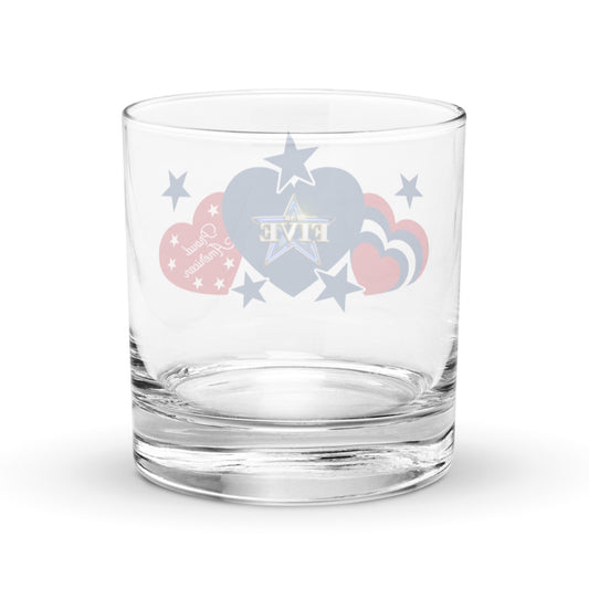 Close-up of the 10.5 oz rocks glass with the patriotic heart and star design clearly displayed.