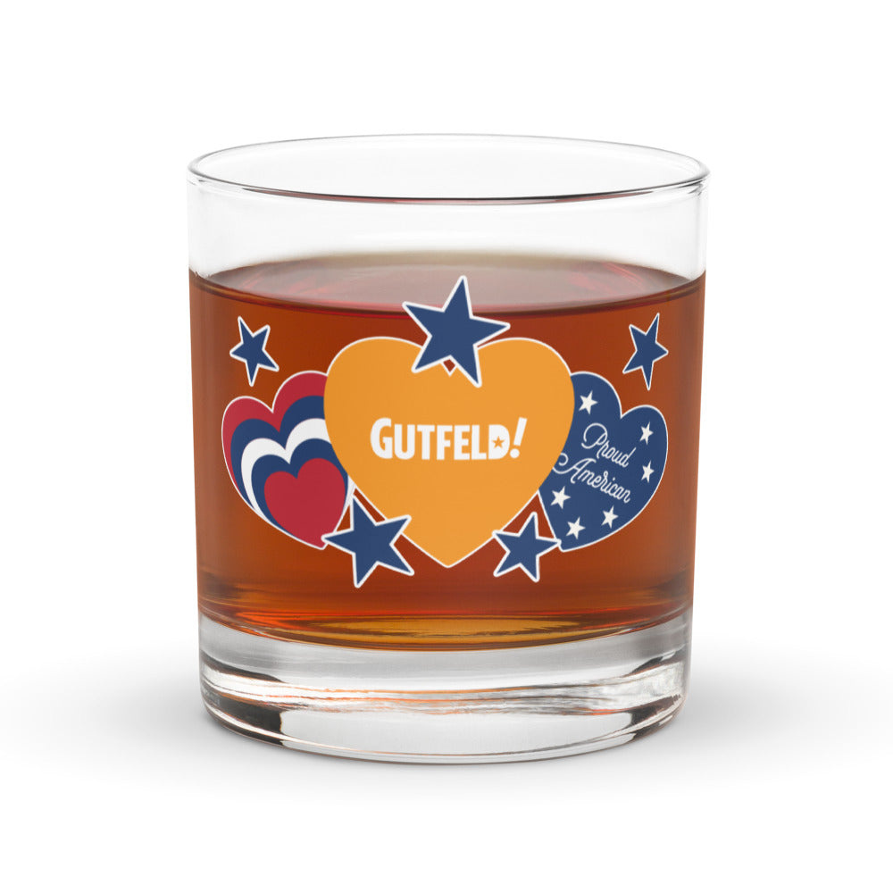 The *Gutfeld!* rocks glass in a modern American kitchen setting.