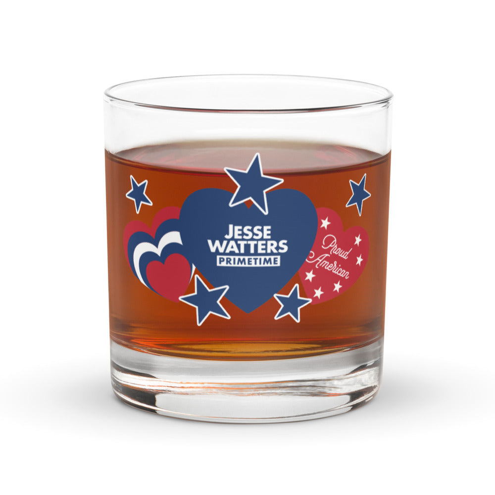 The Proud American hearts and stars design showcased on a clear whiskey glass for FOX News viewers.