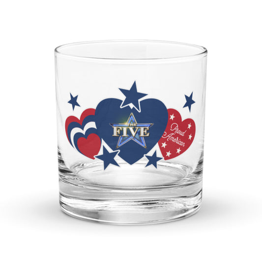 A *The Five* Proud American Hearts and Stars Rocks Glass featuring a crisp FOX News logo on a modern American home bar.