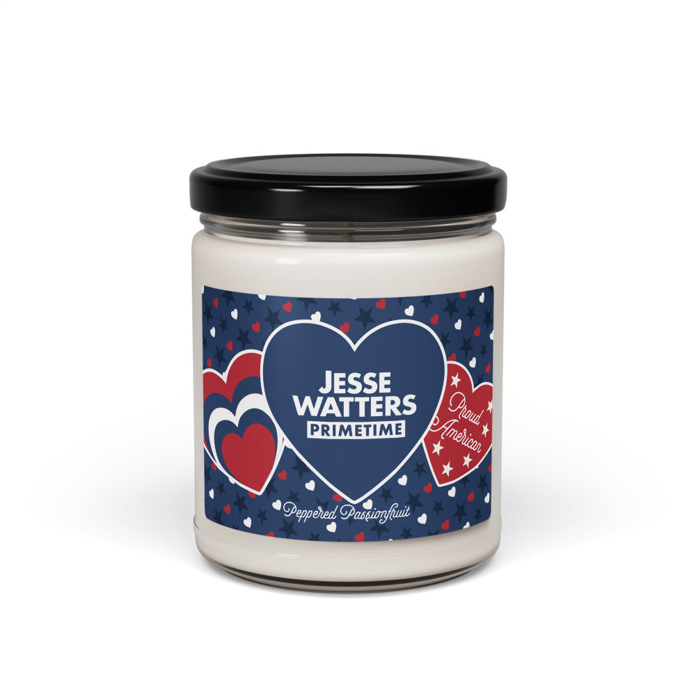 A 9oz Jesse Watters Primetime candle featuring a bold Proud American Hearts and Stars design in a crisp, clean American home setting.