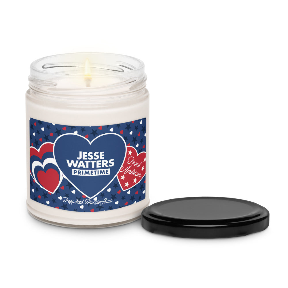Close-up of the official FOX News and Jesse Watters Primetime branding on a white glass scented candle jar.