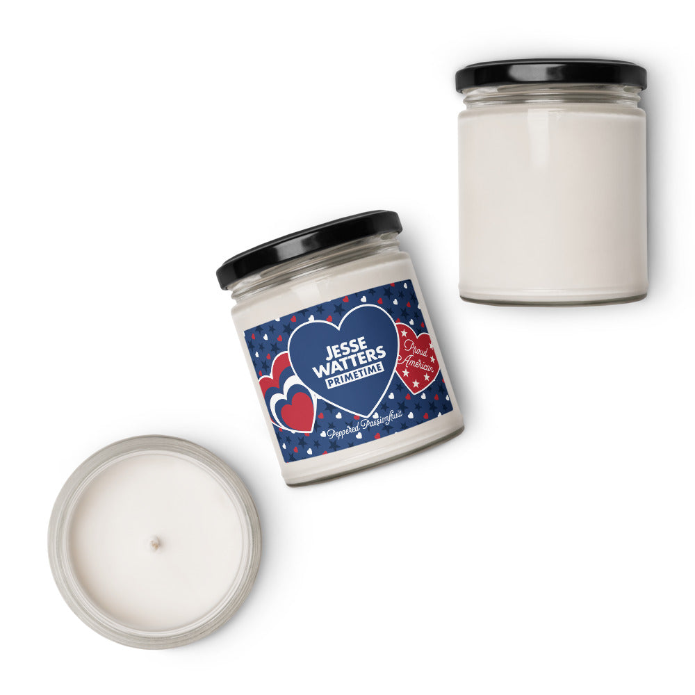The Proud American Hearts and Stars candle displayed on a modern wooden coffee table in a sunlit American living room.