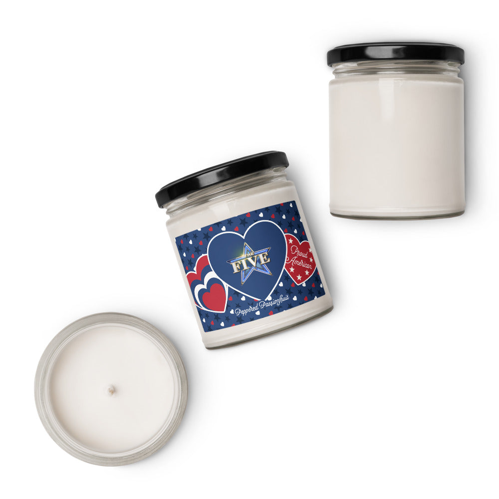 Patriotic FOX News The Five candle with Peppered Passionfruit scent in a clean American home setting.