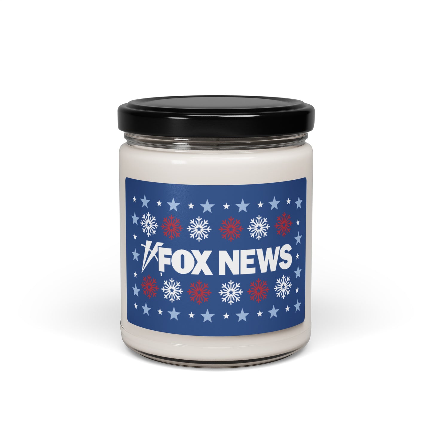A cozy, modern American living room decorated for the holidays with a FOX News holiday snowflakes scented candle sitting on a wooden coffee table.