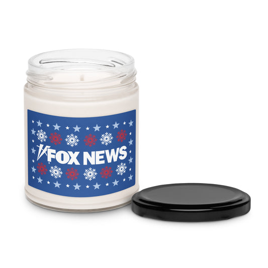 A cozy, modern American living room decorated for the holidays with a FOX News holiday snowflakes scented candle sitting on a wooden coffee table.-11